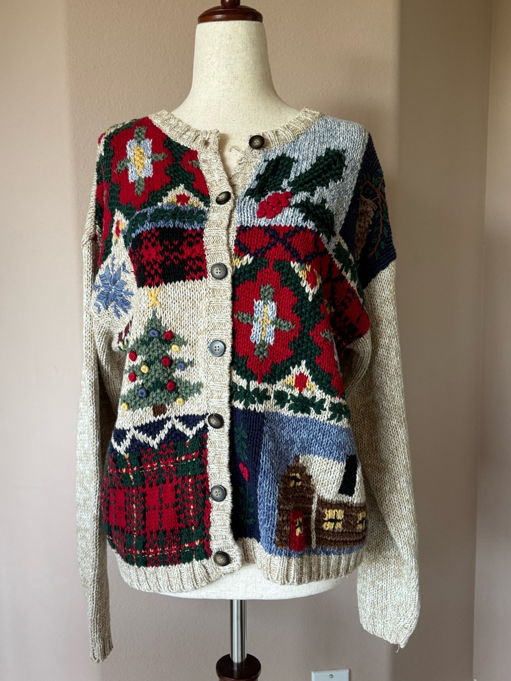 Vintage-Inspired Red & Cream Holiday Patchwork Button-Front Sweater
